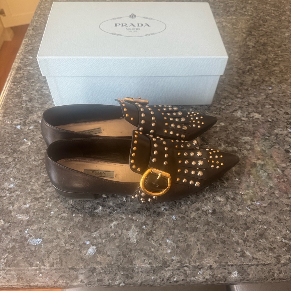 Prada Women's Black Loafers with Gold Studs